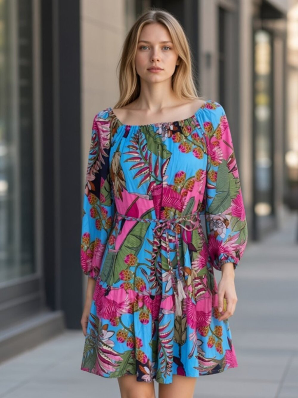 NWT RACHEL ROY FLORAL BOHEMIAN BRAIDED BELT DRESS Small Blue Pink